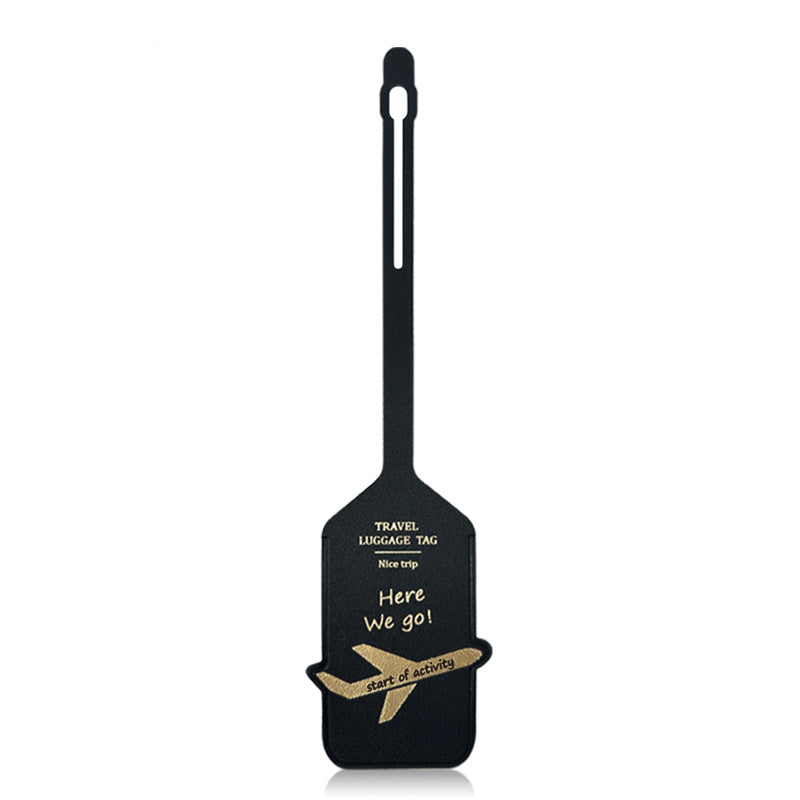 premium leather travel luggage ID tag with embossed airplane motif and adjustable strap Bowlift