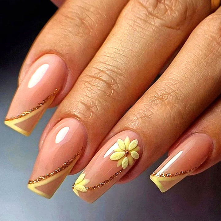 Decorative Floral Press-On Nail Art Set with 3D Flower Accents Bowlift