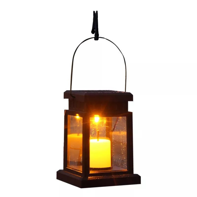 Rustic Hanging Solar Lantern With Flickering LED Candle And Waterproof Glass Panels Bowlift