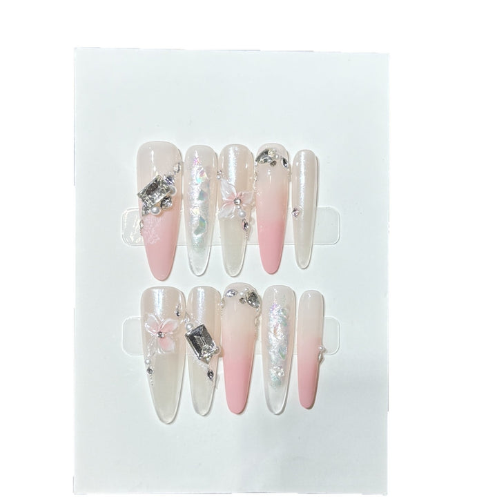 Elegant Stiletto Press-On Nail Art Set with Decorative Floral Accents Bowlift