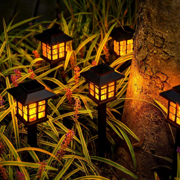 Solar Flame-Effect Garden Pathway Stake Lanterns With Weatherproof ABS Housing And Warm LED Glow Bowlift