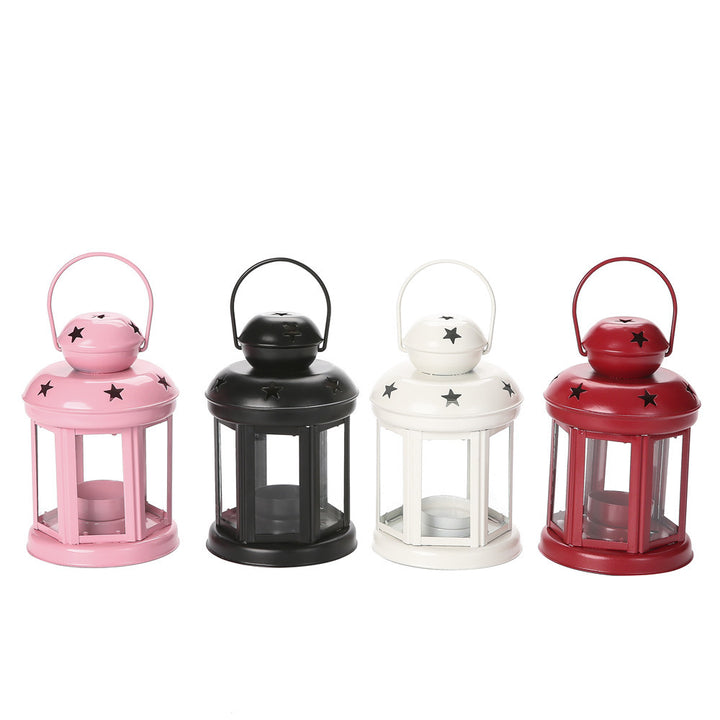 Hexagonal Glass-Paneled Metal Tealight Lantern with Star Vent Cutouts Bowlift