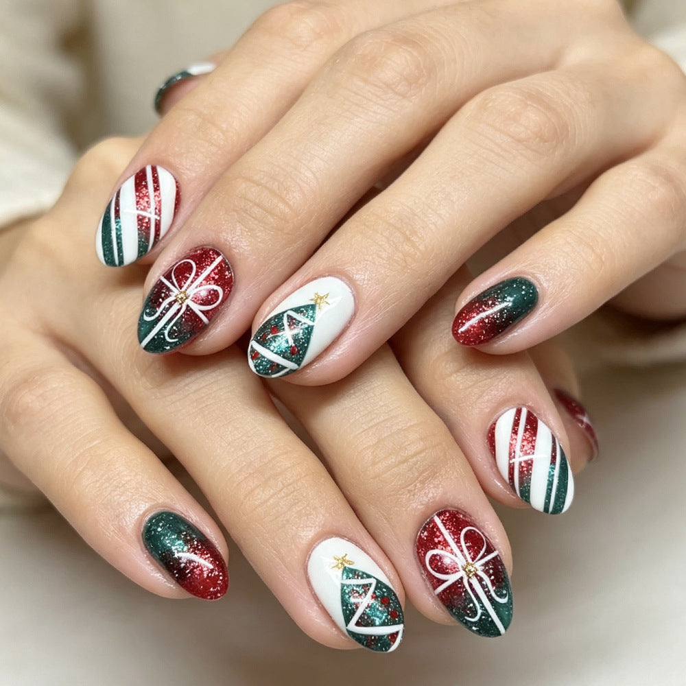 Festive Christmas-Themed Press-On Nail Art Bowlift