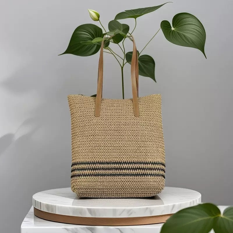 Fashionable Bast and Leather Tote Bag Bowlift