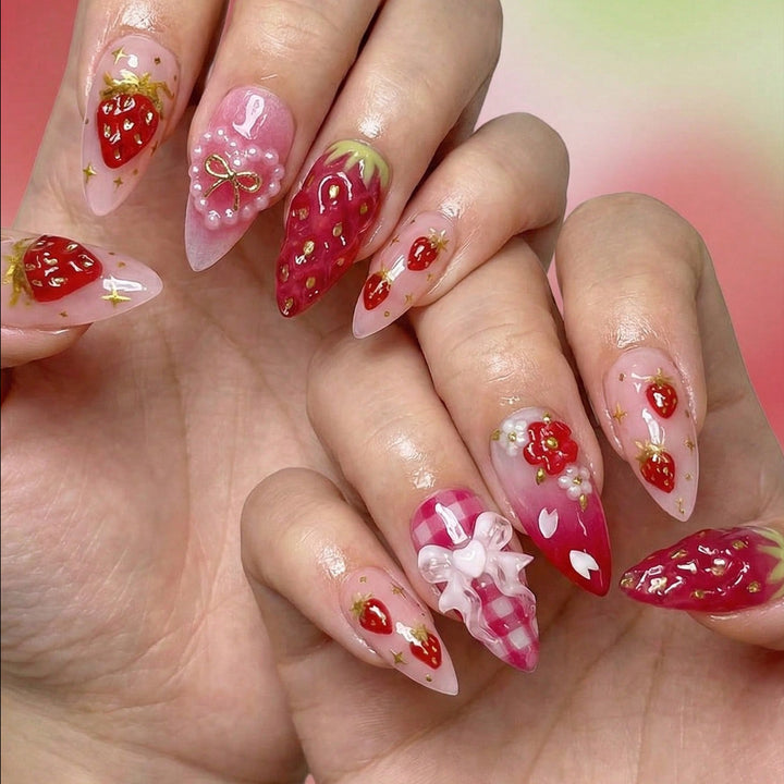 Strawberry-Themed Press-On Nail Art Set Bowlift