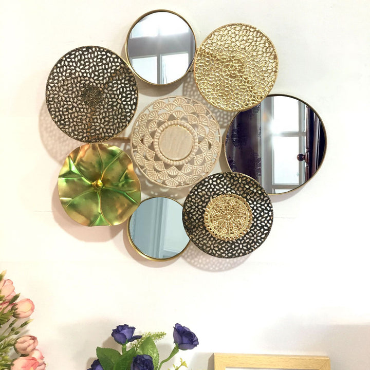 Decorative Metal Wall Art with Tropical Leaf and Mirror Design Bowlift