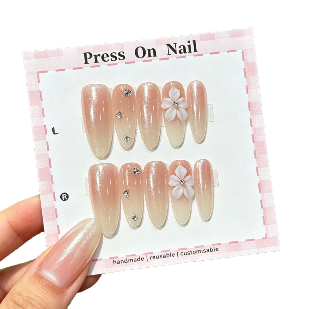 Handmade Press-On Nail Set with Floral and Glitter Accents