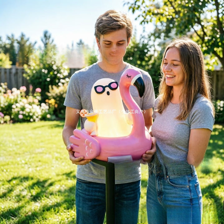 Whimsical Solar Flamingo Garden Stake Lantern With Integrated LED Character And Ground Spike Bowlift