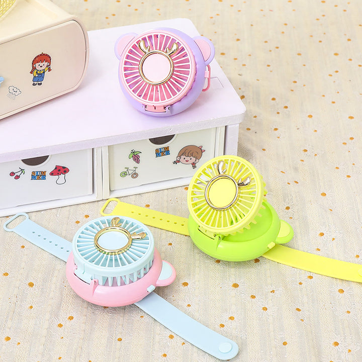 Ladies portable hand fan with integrated mirror and cute animal design Bowlift