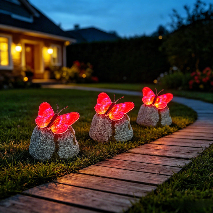 Decorative Solar-Powered Butterfly Perched Stone LED Garden Accent Bowlift