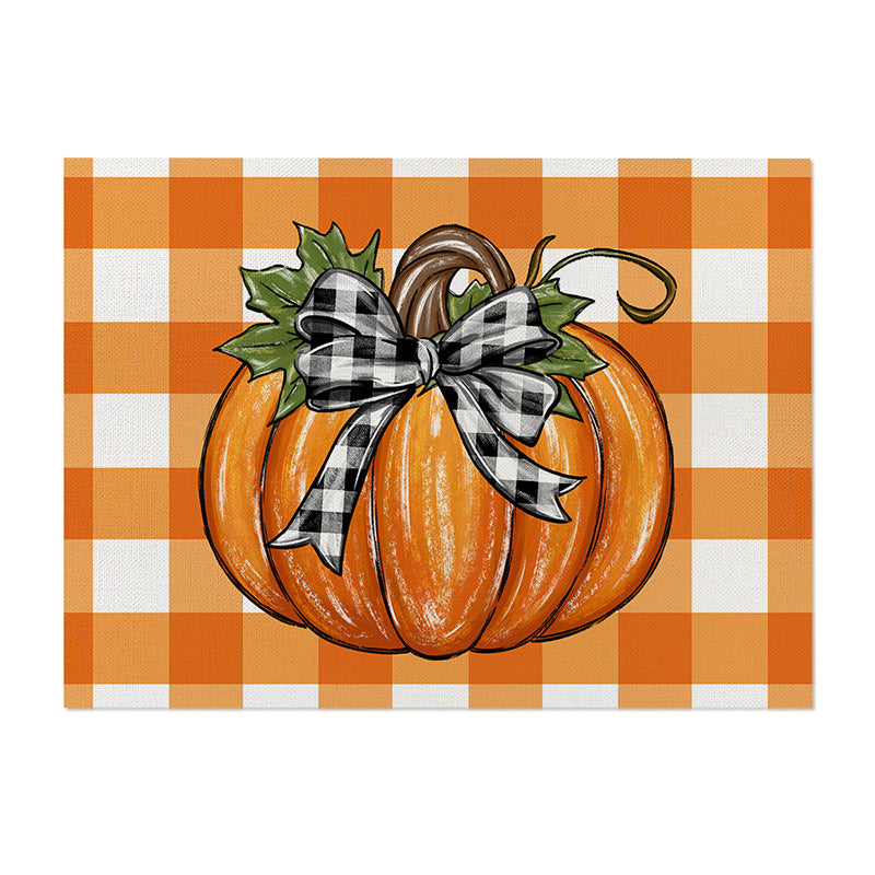 Rectangular Linen-Texture Table Placemat with Watercolor White Pumpkin & Fall Foliage Print
