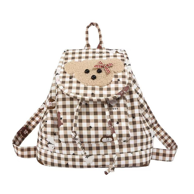 Backpack with Charming Plush Bear Motif and Playful Checkered Pattern Bowlift