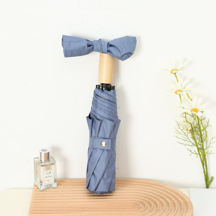 Women's Elegant Folding Umbrella with Wooden Handle Bowlift