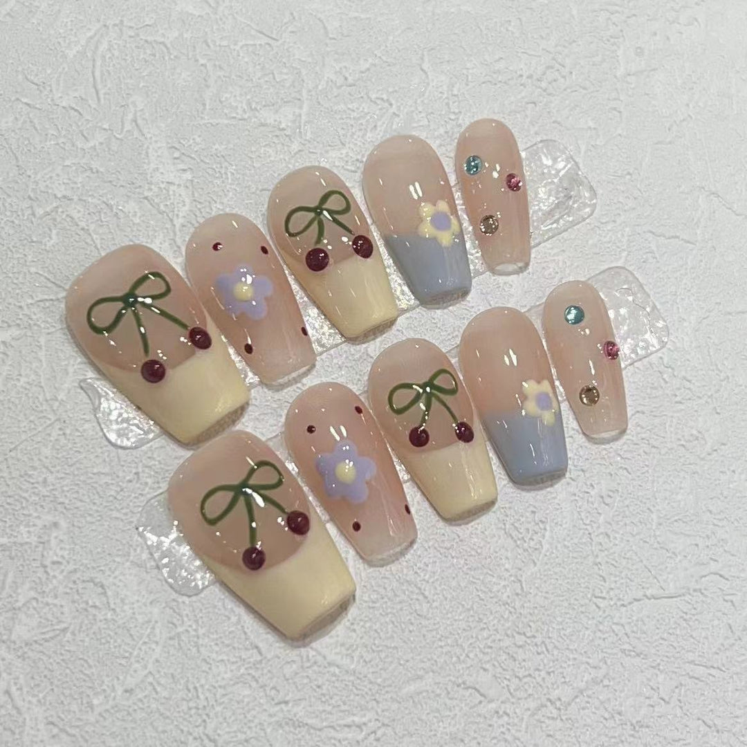 Charming Decorative Press-On Nail Set with Cherry and Floral Designs Bowlift