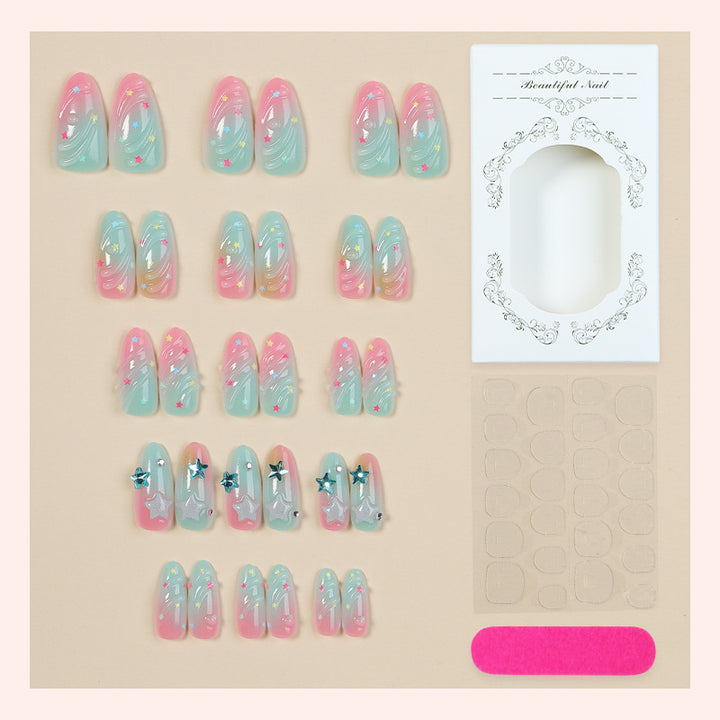 Artistic Press-On Nail Set with Star and Wave Design Bowlift