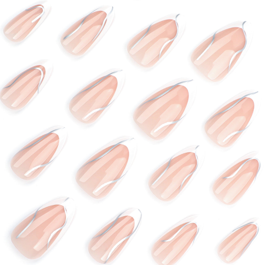 Elegant artificial nails with fine wave and glitter motifs Bowlift