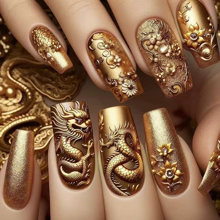 Elegant artificial nail set with 3D dragon designs and gold accents Bowlift