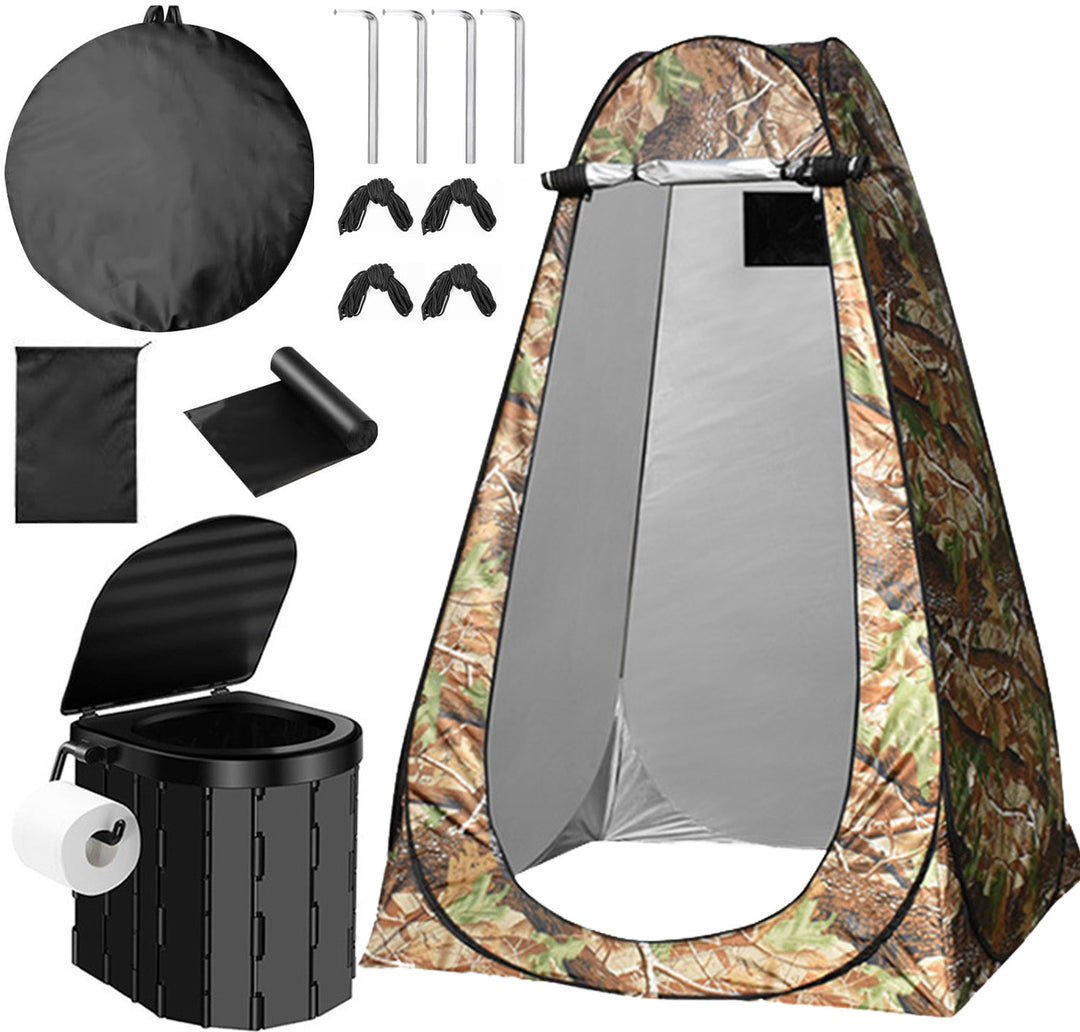 Portable pop-up privacy tent and collapsible camping toilet kit with full accessory set Bowlift
