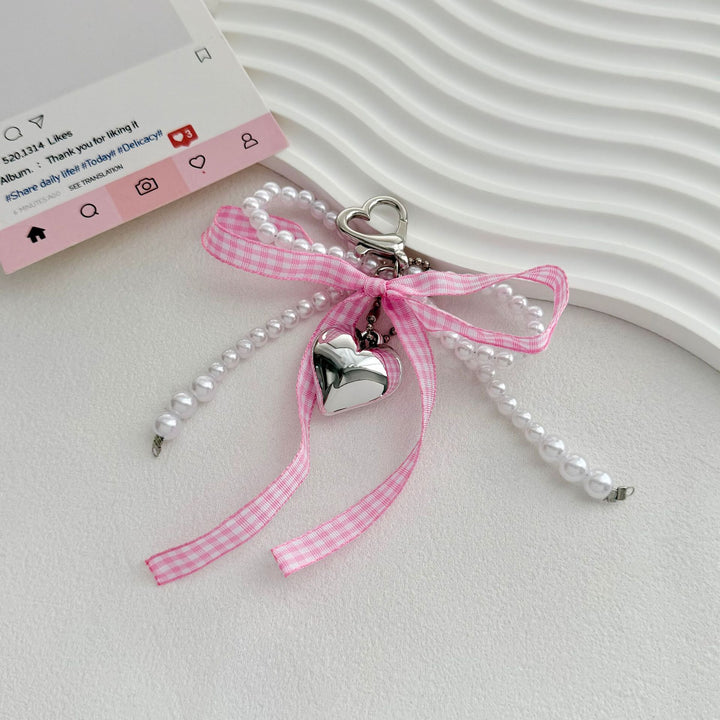 Heart-Shaped Charm Keychain with Pearls and Bow Bowlift