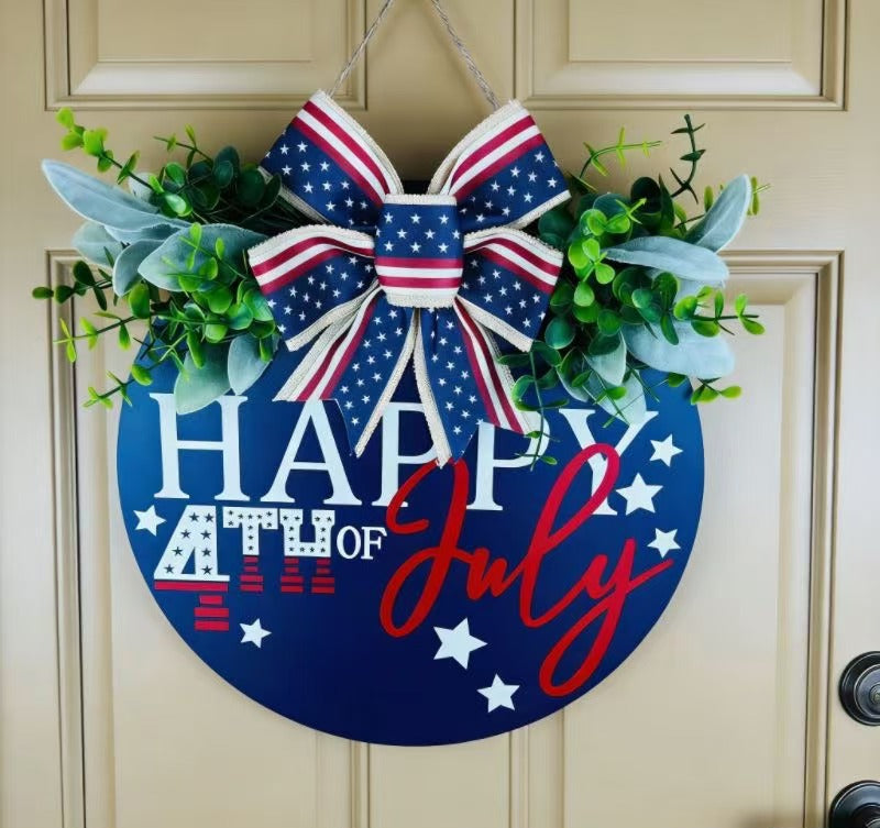 Unisex nan Patriotic Round Wooden Door Sign with Bow and Faux Greenery Bowlift