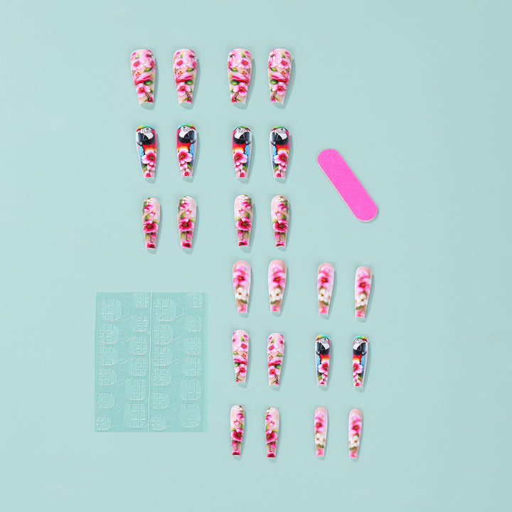 Exquisite Artificial Nails with Colorful Flower and Parrot Design Bowlift