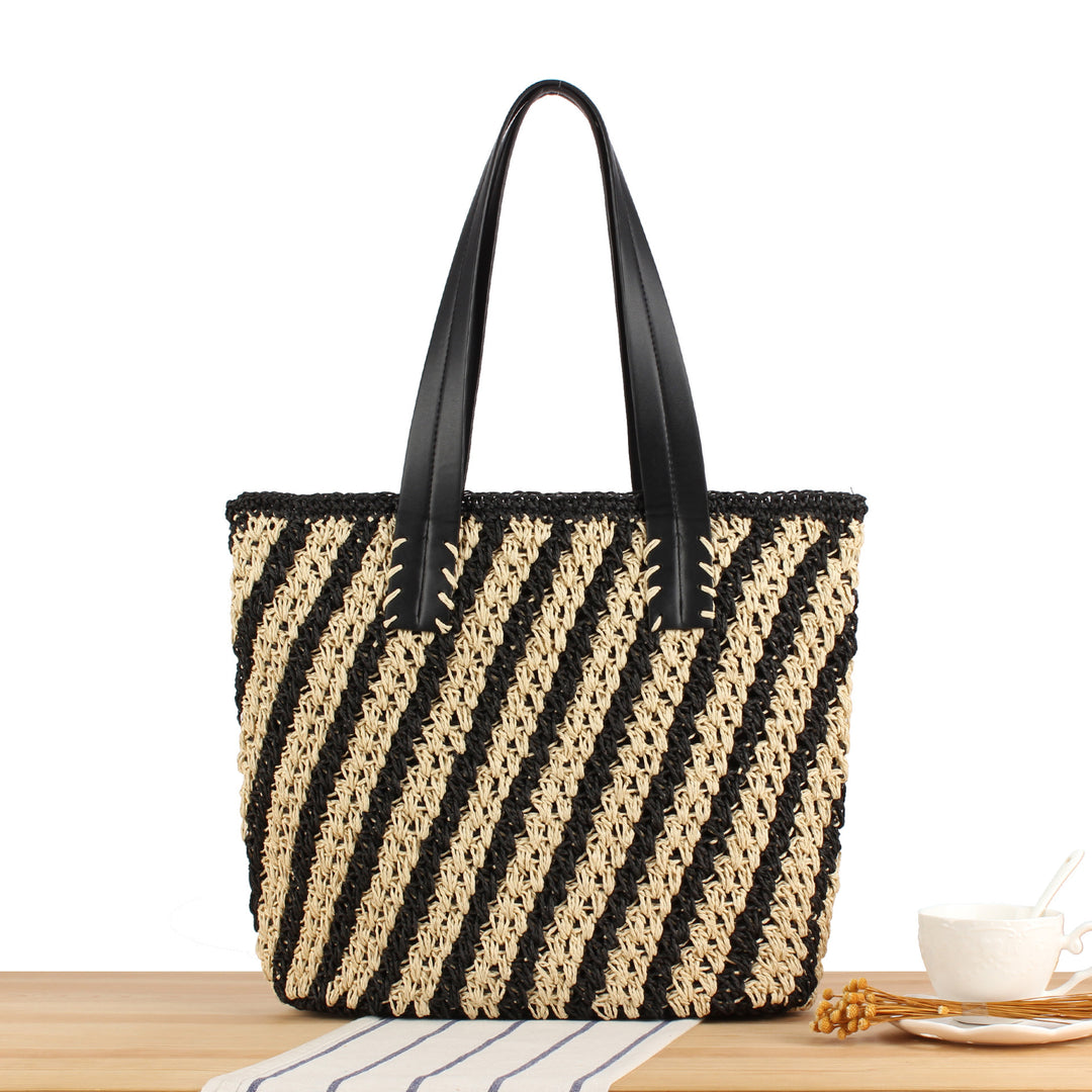Handbag with Elegant Striped Design and Sturdy Leather Handles Bowlift
