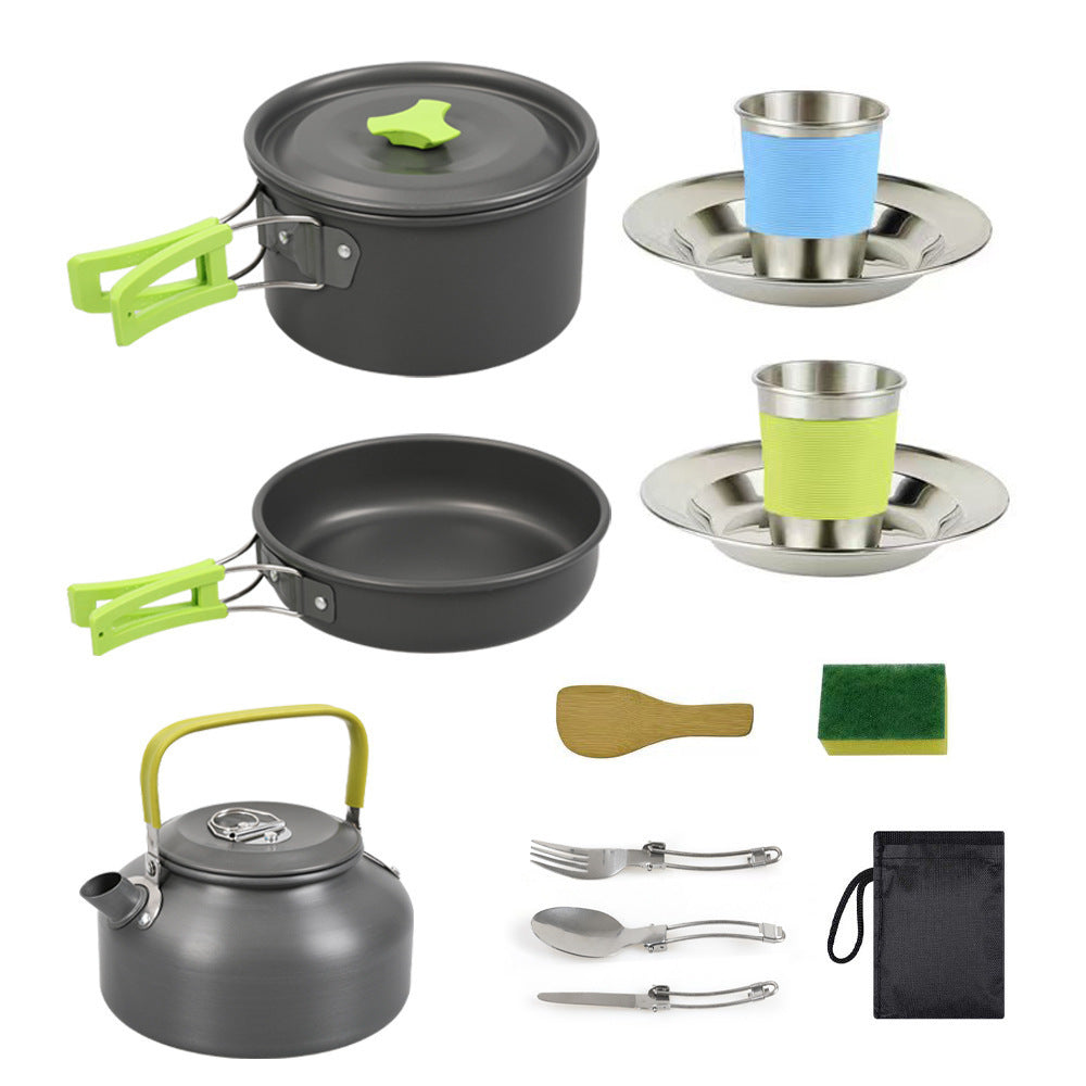 lightweight hard-anodized camping cookware set with folding handles compact kettle and stainless cup plates Bowlift