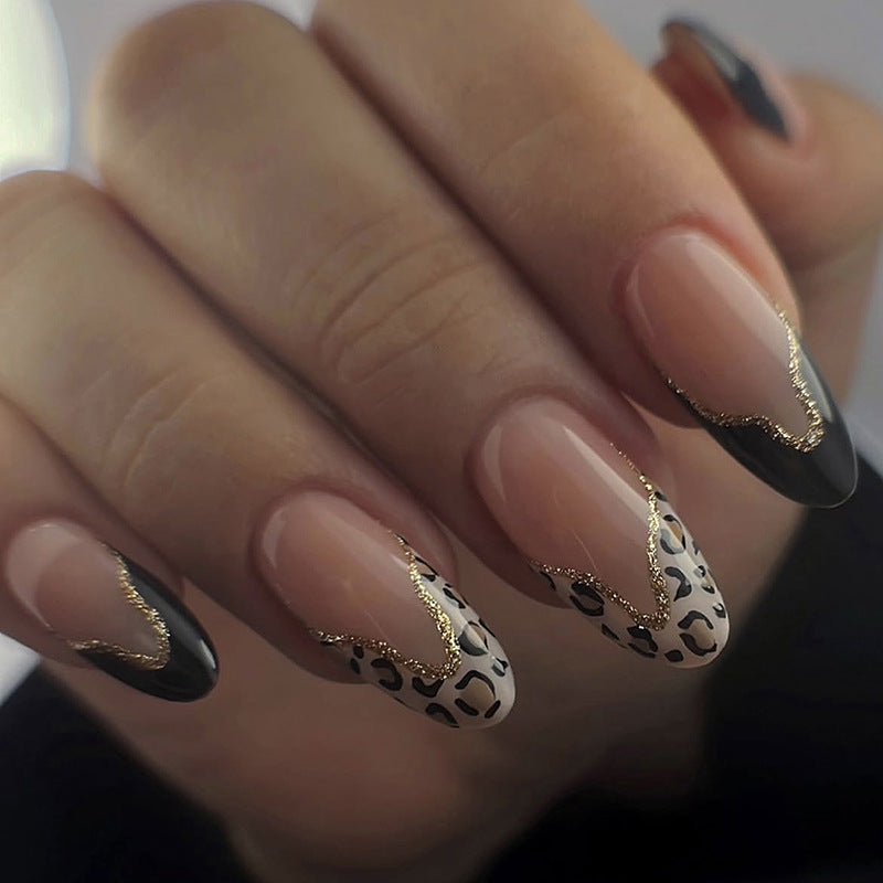 Stiletto Press-On Nail Set with Creative Leopard and Glossy Black Accents Bowlift