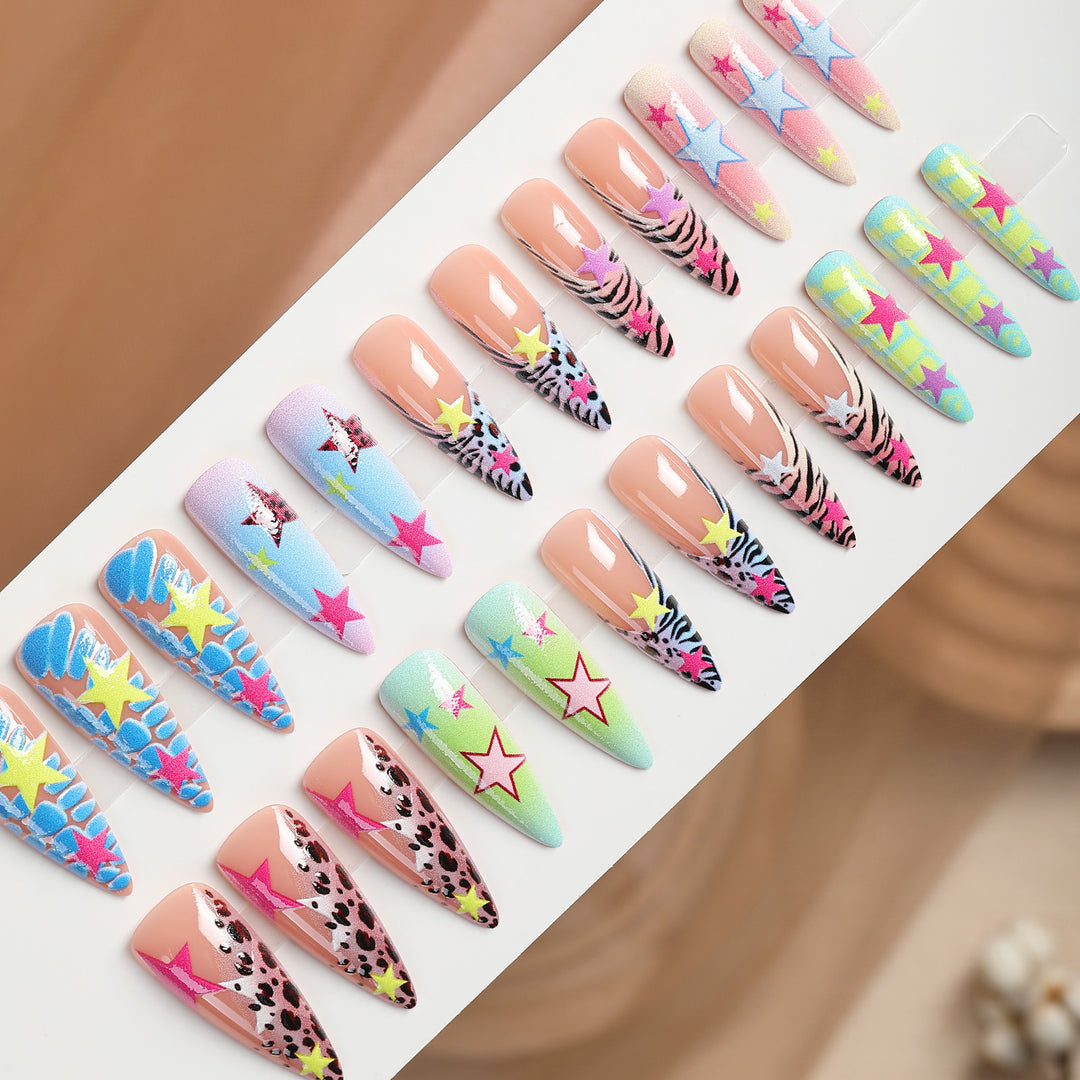 Creative nail set with colorful stars and animal patterns Bowlift