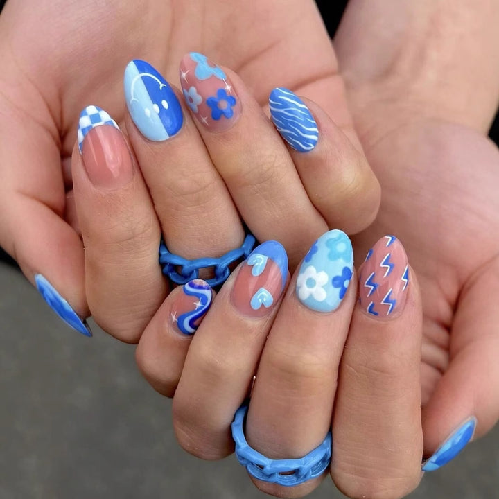 Artificial nail set with colorful flower pattern and creative accents Bowlift