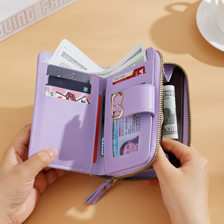 Compact Zip-Around Faux Leather Long Wallet with Butterfly Clasp Bowlift
