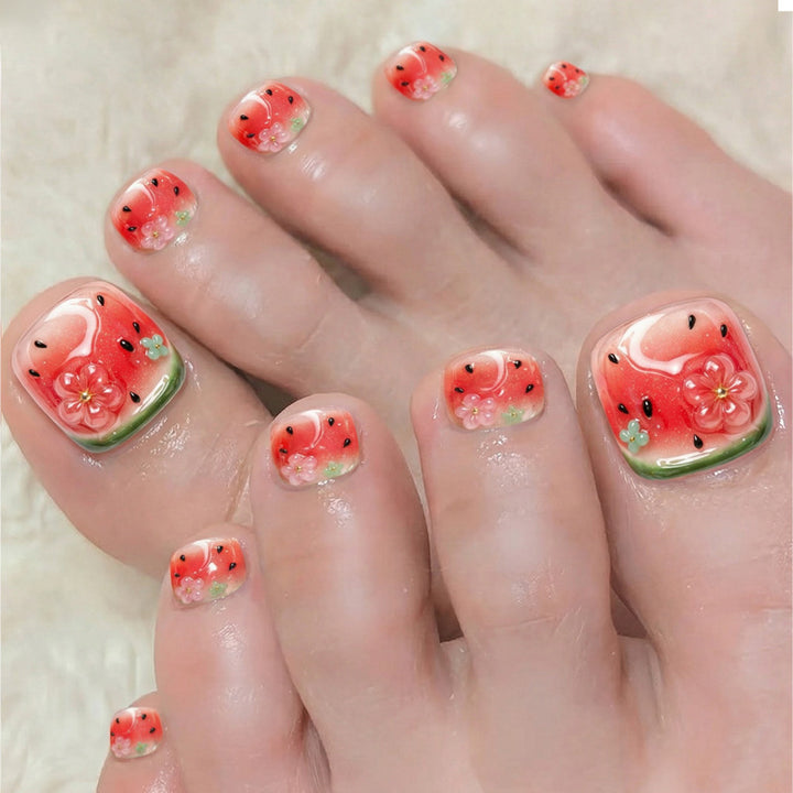 Creative nail art set with cheerful watermelon designs and delicate floral accents Bowlift