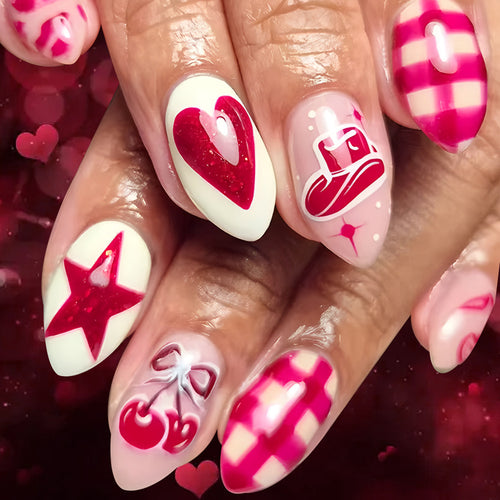 Artistic Press-On Nail Art Set with Heart and Star Designs Bowlift