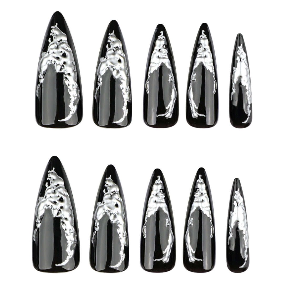 Artistic stiletto nails with modern metal effect Bowlift