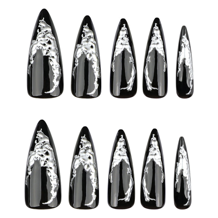 Artistic stiletto nails with modern metal effect Bowlift