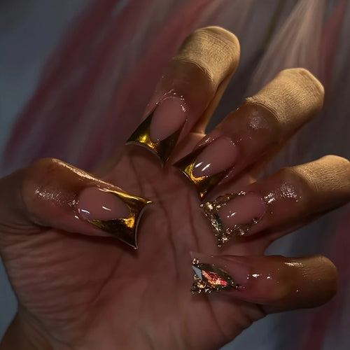Luxury Acrylic Nail Enhancements with Gold Accents Bowlift