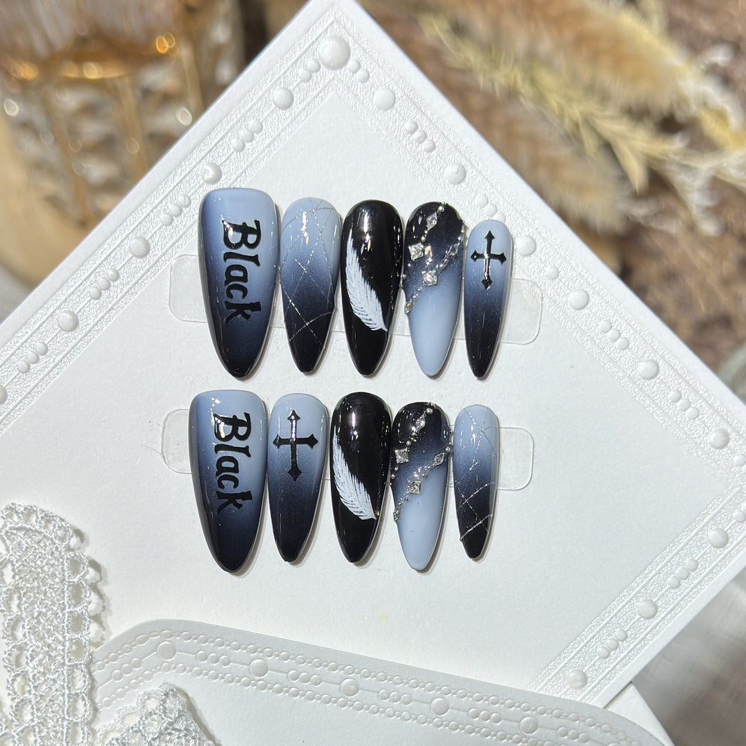 Artistic Press-On Nail Set with Gothic Feather and Cross Design Bowlift