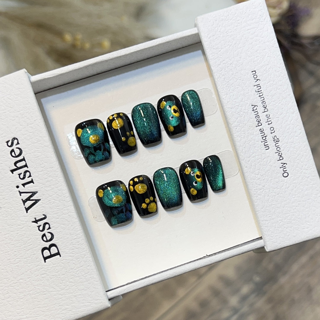 Artistic Press-On Nail Set with Playful Floral and Glitter Accents Bowlift