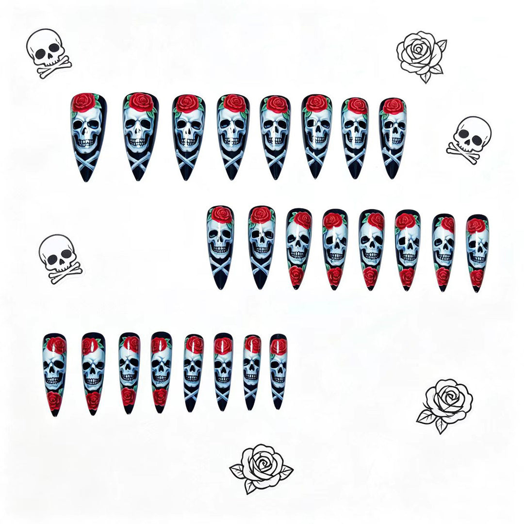 Artificial nails with creative skull and rose design Bowlift