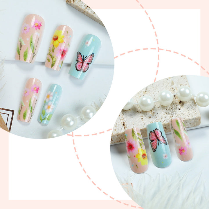 Decorative Press-On Nail Art Set with Floral and Butterfly Designs Bowlift