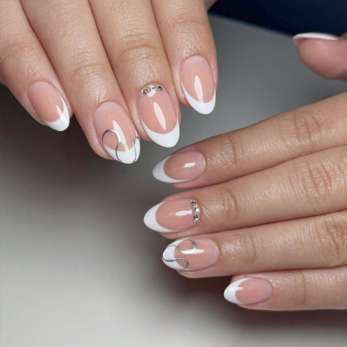 Elegant French Tip Press-On Nail Set with Decorative Accents Bowlift