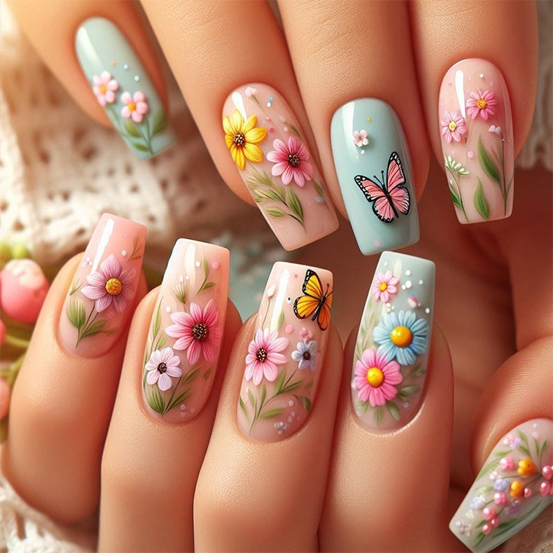 Decorative Press-On Nail Art Set with Floral and Butterfly Designs Bowlift