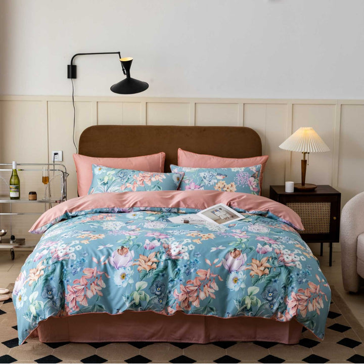 Luxury Floral Duvet Cover Set with Reversible Solid Sheet and Pillow Shams