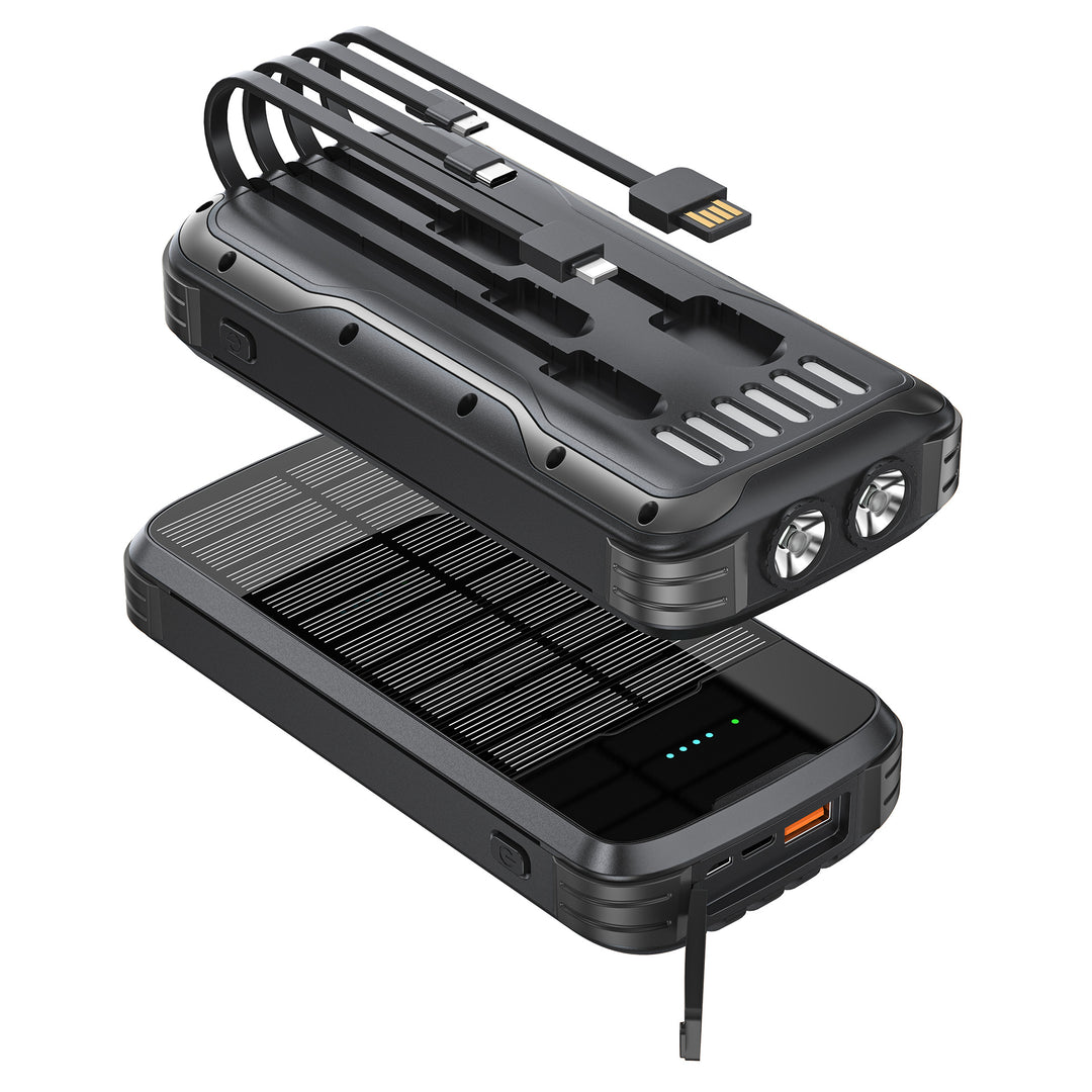 Robust Solar Powerbank with Integrated Flashlight and Multifunctional Charging Connection Bowlift