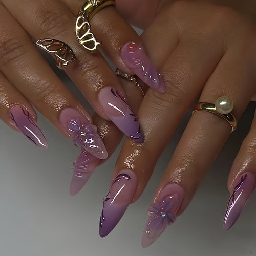 Artistic Stiletto Press-On Nail Extensions with Floral Design Bowlift