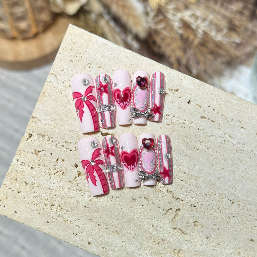 Artistic Press-On Nail Set with Playful Heart and Palm Designs Bowlift