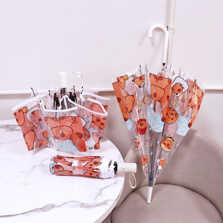 Women Folding Umbrella with Unique Cartoon Bear Design Bowlift