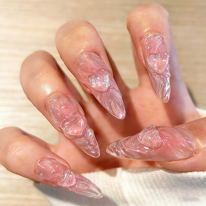 Artificial nail set with 3D heart decorations and shimmering accents Bowlift