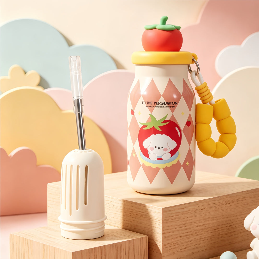 Insulated drinking bottle with sweet dog design and practical carrying strap Bowlift