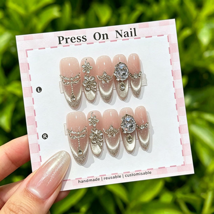 Artistic Press-On Nail Art Set with Cute Character and Bow Accents